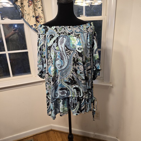 Apt 9 Womens Top 2X Off Shoulder Paisley Print 3/4 Sleeve Tie Detail Blouse - Picture 1 of 8